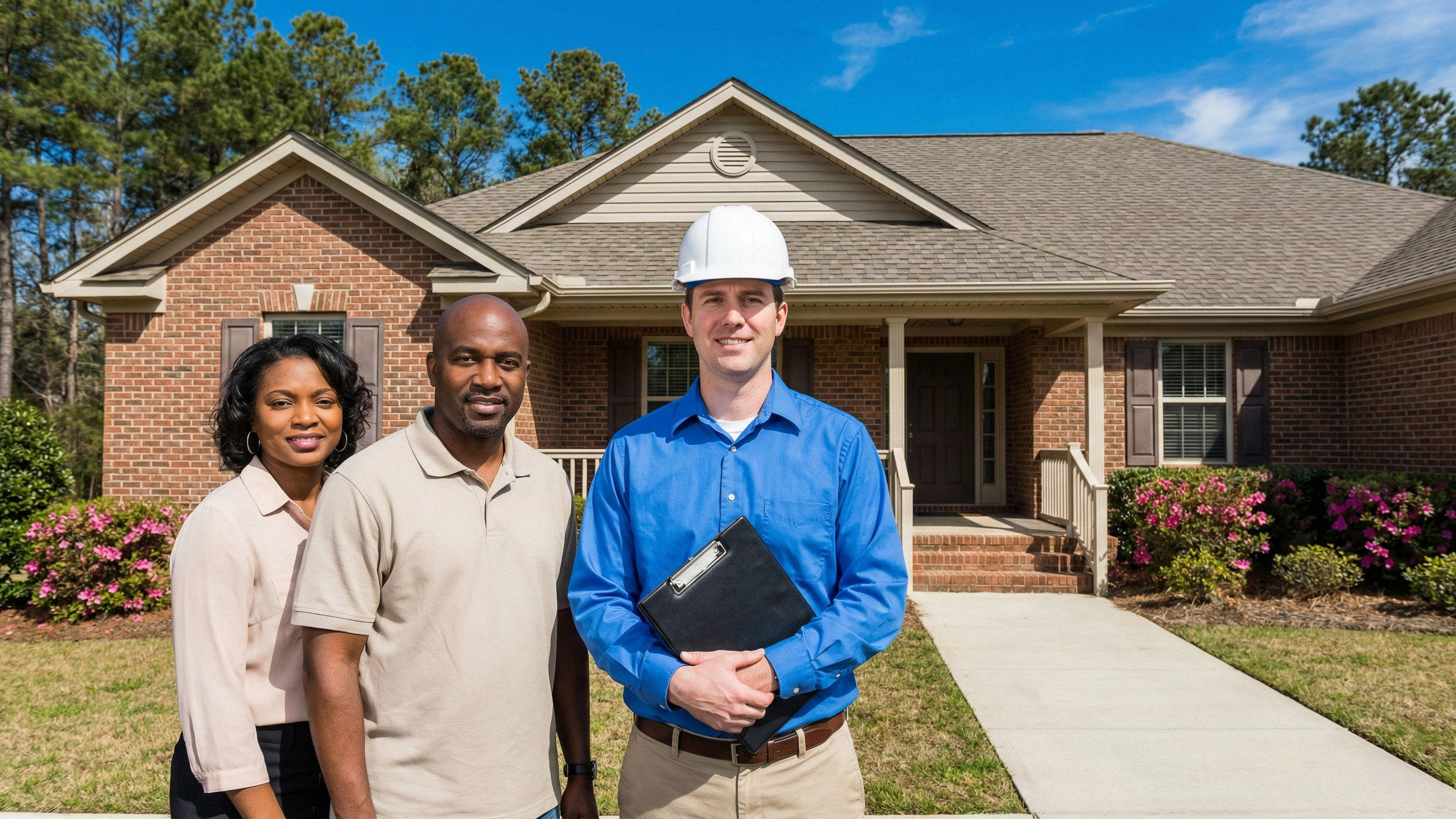 Licensed engineer wearing a white hard hat standing with a homeowner couple in front of a single-family brick home in Georgia